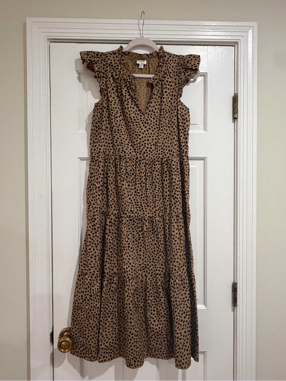 J. Crew Brown and Black Tiered Midi Dress with Ruffle Sleeves